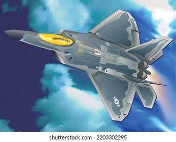 Avión de caza aéreo estadounidense F-22 "Raptor", ilustración aérea de esquí oscuro.