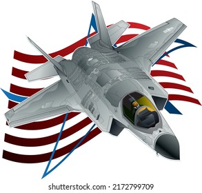 American jet fighter aircraft F-35 "Lightning 2" flying illustration. Star and stripes imitated background.