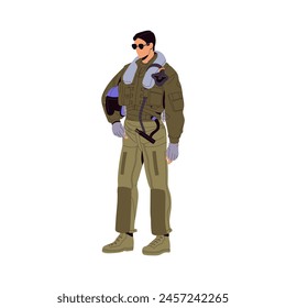 American jet fighter pilot. Military aviator in sunglasses holds helmet in hand. Professional army aircraft airman in uniform. USA air force. Flat isolated vector illustration on white background