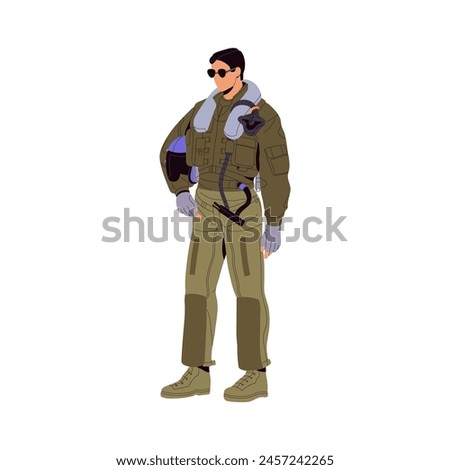 American jet fighter pilot. Military aviator in sunglasses holds helmet in hand. Professional army aircraft airman in uniform. USA air force. Flat isolated vector illustration on white background