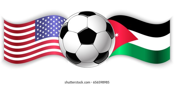 American and Jordanian wavy flags with football ball. United States of America combined with Jordan isolated on white. Football match or international sport competition concept.