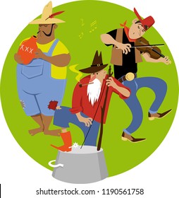 American jug band cartoon with a fiddler and jug and washbasin bass players, EPS 8 vector illustration