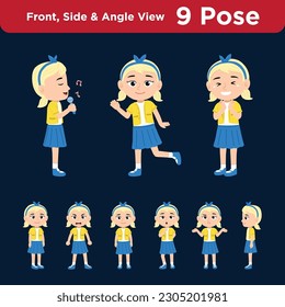 American Kid Cute Girl Character with front, side and angle view poses - Singing, Laughing, Angry, Excited, Playful, Frustrated and happy expressions - vector illustration set bundle