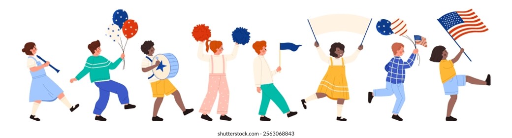 American kids march in parade to celebrate USA independence. Cute boys and girls walk in line with American flag and balloons, school children play drum and trumpet cartoon vector illustration