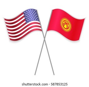 American and Kirgiz crossed flags. United States of America combined with Kyrgyzstan isolated on white. Language learning, international business or travel concept.