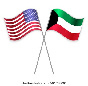 American and Kuwaiti crossed flags. United States of America combined with Kuwait isolated on white. Language learning, international business or travel concept.
