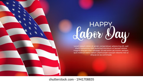 American labor day poster banner with flag and with blur bokeh background. elegant luxury