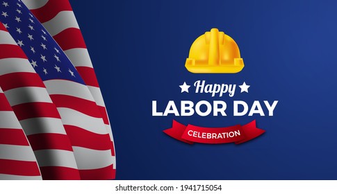 American labor day poster banner with flag and safety engineer worker helmet with blue background