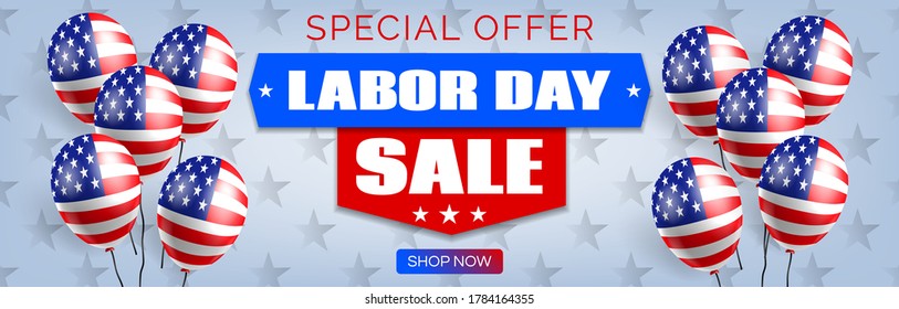 American Labor Day Sale Horizontal Web Banner Design With Balloons Vector Illustration