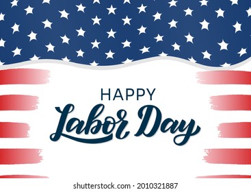 American Labor day typography poster width usa flag on the background. Labor day lettering logo as template fo cards, postcards, invitations.