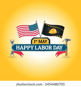 American and labor flags with labor day banner background