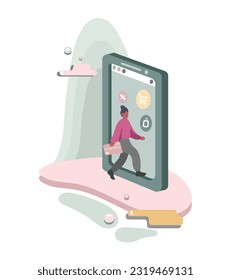 American lady holding credit card and going to buy goods in online store. Shopping over Internet concept. Making purchases using gadgets. Big discounts. Commercial business. Vector flat illustration