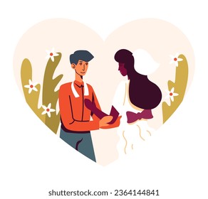 American lady hugging man. First dance of married couple. Multiracial couple celebrate wedding. Beautiful wedding couples concept. Vector illustration in cartoon style