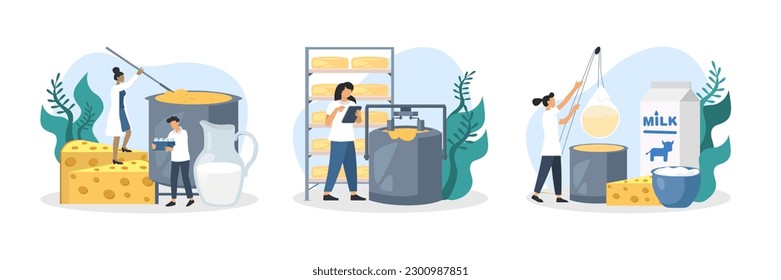 American lady kneading cheese mixture. Woman drying cheese. Worker standing in manufacture and monitoring cheese in press machine. Set of cheese making process in factory. Flat vector illustration