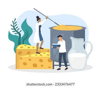 American lady kneading cheese mixture. Concept of cheese making process in factory with special equipment. Production of dairy products. Flat vector illustration in blue colors in cartoon style