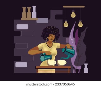 American lady preparing two drinks for customer. Prepare hot drink for clients process. Modern work for students. Flat vector illustration in cartoon style
