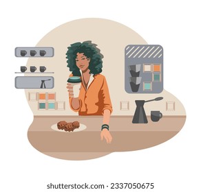 American lady selling drinks to clients. Work in coffee shop, selling beverage concept. Process of making tasty drink. Colorful flat vector illustration in cartoon style in brown colors