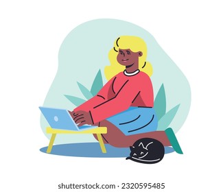 American lady sitting on floor, typing text on laptop. Work with pets at home. Successfully time management for freelancers. Flat vector illustration in blue and pink colors