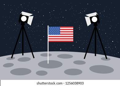 American Landing On The Moon As Staged Scene With Light And US Flag - United States Of America And Fake Astronautics. Conspiracy Theory On Space Exploration Cheating And Deception. Vector Illustration