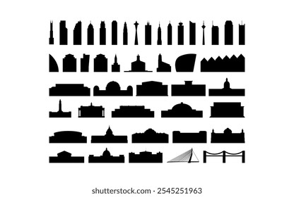 American landmark vector icon collection. Isolated black and white USA skyscraper, tower, capitol, cathedral, bridge contours and logo pack for web design, infographics