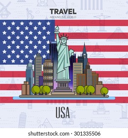 American landmarks, architecture, on the background of the flag. The theme of travel for you design.