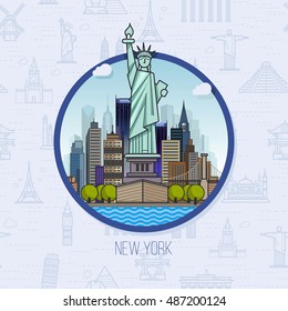 American landmarks, architecture, on the seamless background. The theme of travel for you design. New York location, vector symbol buildings
