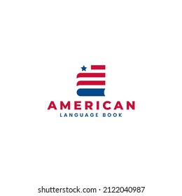 Ilustración de diseño del logo del libro de idiomas estadounidenses con símbolo de la bandera azul roja