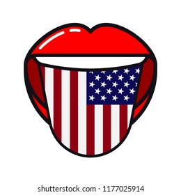 American language tongue with flag USA open woman smile mouth flat icon