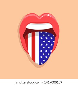 American language tongue with flag USA open woman smile mouth flat icon