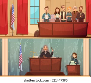 American Law And Justice 2 Vintage Cartoon Horizontal Banners With Pronouncing Sentence In Courtroom Isolated Vector Illustration 