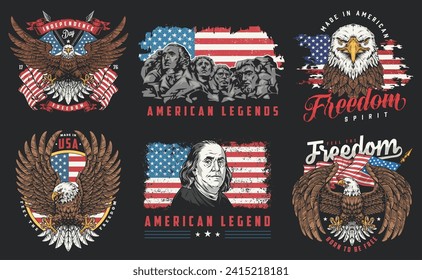 American legends vintage set stickers colorful with angry eagles and national flags near portrait Franklin or mount Rushmore vector illustration