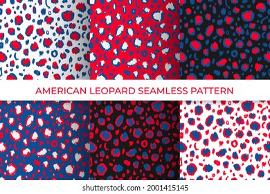 American leopard seamless patterns set of 6. Animal print in colors flag of USA. Red white blue Independence Day patriotic background. Vector template for fabric, textile, wallpaper, wrapping paper.