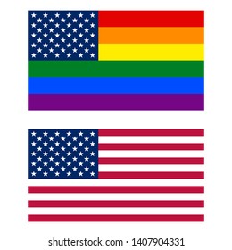 American and LGBT Rainbow flags. Symbol of tolerance and friendliness. Сorrect colors and proportions. Two flags merger as a call to defend the rights of American gays, lesbians and transgender people