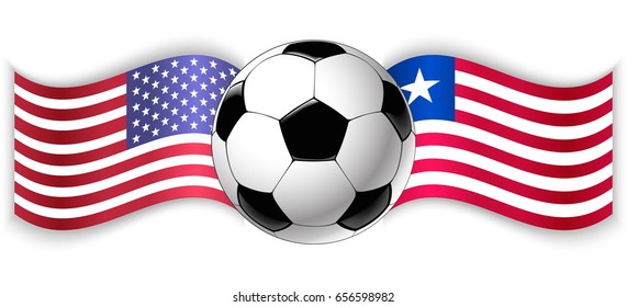 American and Liberian wavy flags with football ball. United States of America combined with Liberia isolated on white. Football match or international sport competition concept.