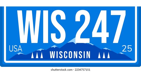 American license plate with registration number, wisconsin usa state sign vector illustration. Colorful vehicle element design, isolated on white.