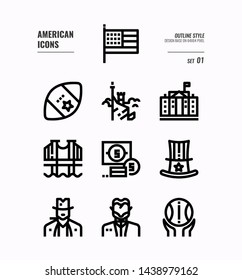 American line icon set 1. Include USA flag, rugby ball, freedom monument and more. Outline icons Design. vector