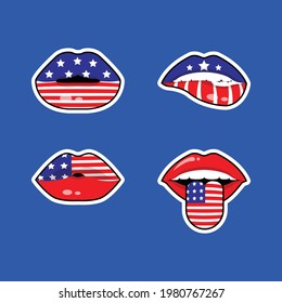 American lips flag sticker set. 4th of July celebration. USA independence day. Flat vector design