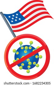 American lockdown caution coronavirus. Pandemic medical concept, with USA Flag, and coronavirus bacteria inside the Red caution sign