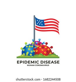 American lockdown caution coronavirus. with USA Flag stuck above coronavirus bacteria. USA plans to lock down as the Covid-19 spread