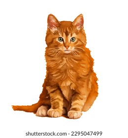 american longhair cat with style hand drawn watercolor digital painting illustration