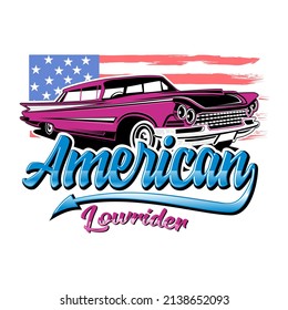 American lowrider inspiration design. Vector illustration with the image of an old classic car, design logos, posters, banners, signage, t shirt design.