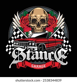 American Lowriders Car, Skull, Piston, Red Roses, and Race flag Poster in Vintage Retro Vector Illustration for flyer, social media, web pages, print media, greeting card, invitation, banner