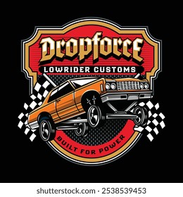 American Lowriders Car, Skull, Piston, Red Roses, and Race flag Poster in Vintage Retro Vector Illustration for flyer, social media, web pages, print media, greeting card, invitation, banner