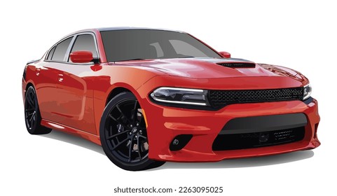 American Luxury premium realistic sedan coupe sport colour orange red elegant new 3d car urban electric power style model lifestyle business work modern art design vector template isolated background