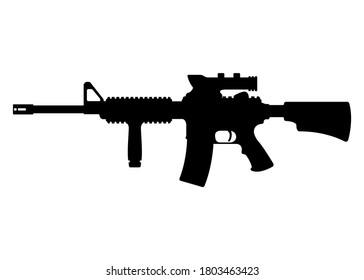 American M16 Military Rifle With Aim, Icon Self Defence Automatic Weapon Concept Simple Black Vector Illustration, Isolated On White. Shooting Gun, Protection Type Of Firearms.