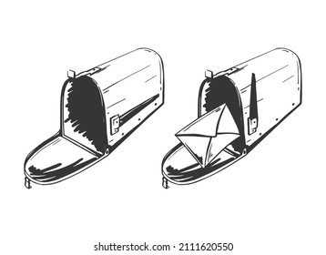 American Mailbox Sketch. Two Open Mailboxes With Letter And Empty One. Postal Service. Vector Hand-drawn Illustration.