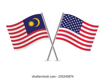 American and Malaysian flags. Vector illustration.
