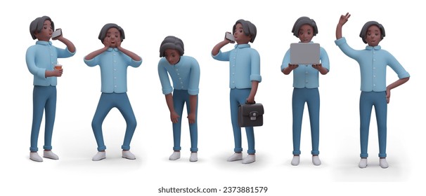 American male in different positions. Solves business issues, working on laptop, talking on phone, greeting gesture. 3d realistic model of male employee. Vector illustration