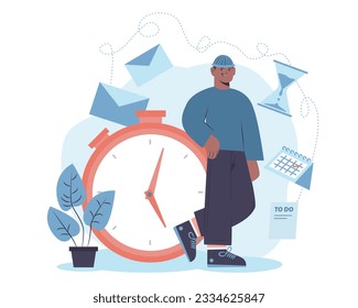 American male standing near big clock, planning week. Multinational people managing their time effectively to meet deadline. Wise timing concept. Flat vector illustration in cartoon style