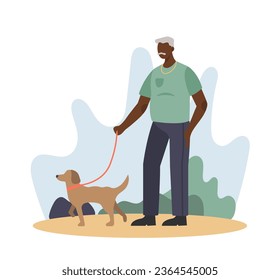 American male walking with dog in park. Healthy and active lifestyle for old people concept. Concept of happy retirement. Flat vector illustration in cartoon style in blue colors